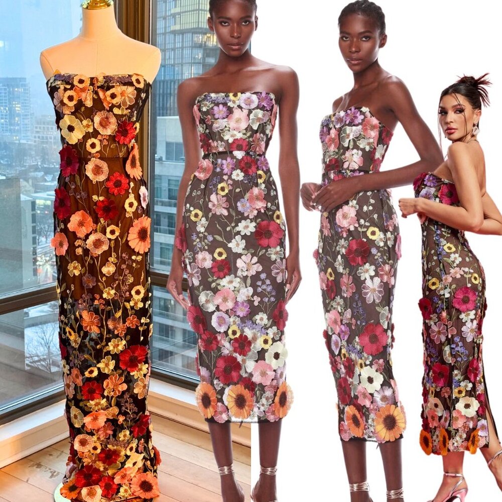 Bronx and Banco Strapless Floral Maxi Dress in Brown with Multicolor Flowers
